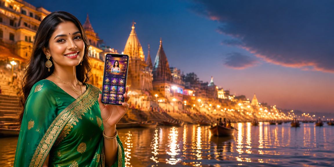 Player enjoying Andar Bahar on mobile device beside Varanasi Ghat